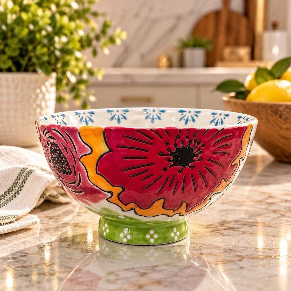 Dutch Wax Coastline Imports Hand Painted Footed Soup Cereal Bowl Red Floral
